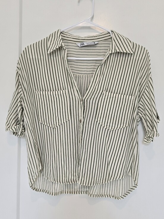 Zara Tops - Zara Cream And Green Striped Linen Blend Button Up Shirt